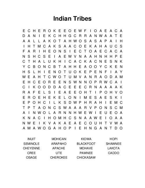 Indian Tribes Word Search Puzzle