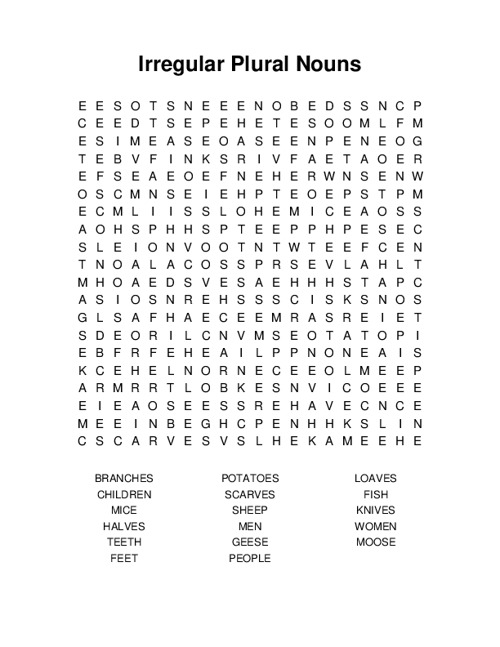 Irregular Plural Nouns Word Search Puzzle