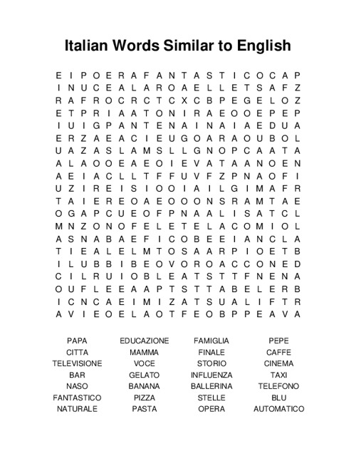 Italian Words Similar to English Word Search Puzzle