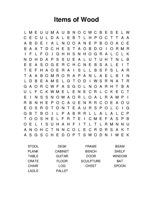 Items of Wood Word Search Puzzle