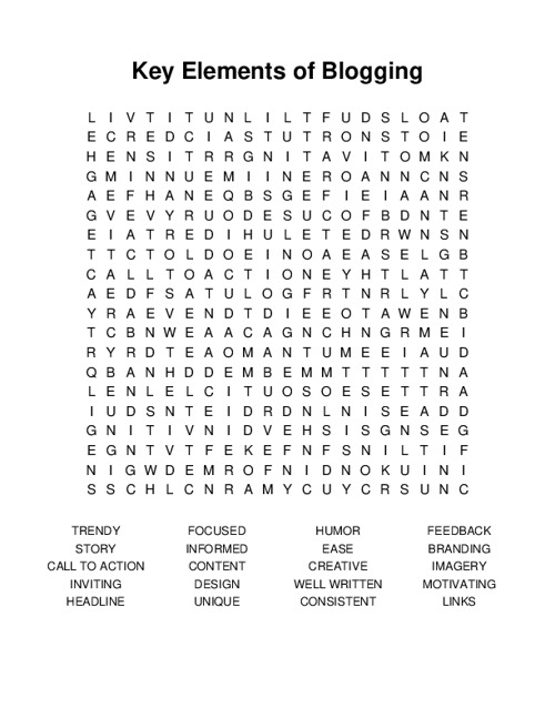 Key Elements of Blogging Word Search Puzzle