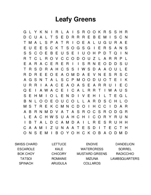 Leafy Greens Word Search Puzzle