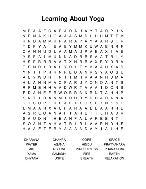 Learning About Yoga Word Search Puzzle