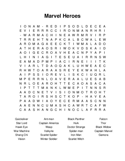 Marvel Heroes Word Search Puzzle