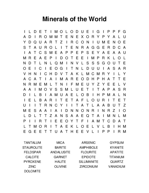 Minerals of the World Word Search Puzzle