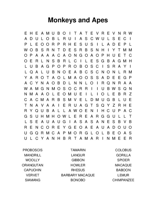 Monkeys and Apes Word Search Puzzle