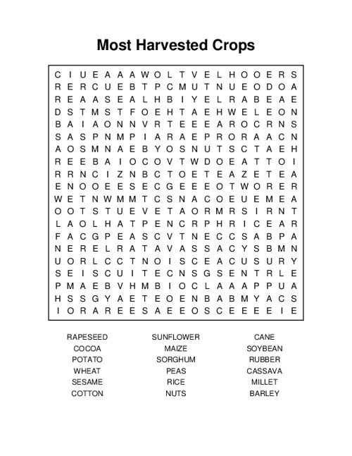 Most Harvested Crops Word Search Puzzle