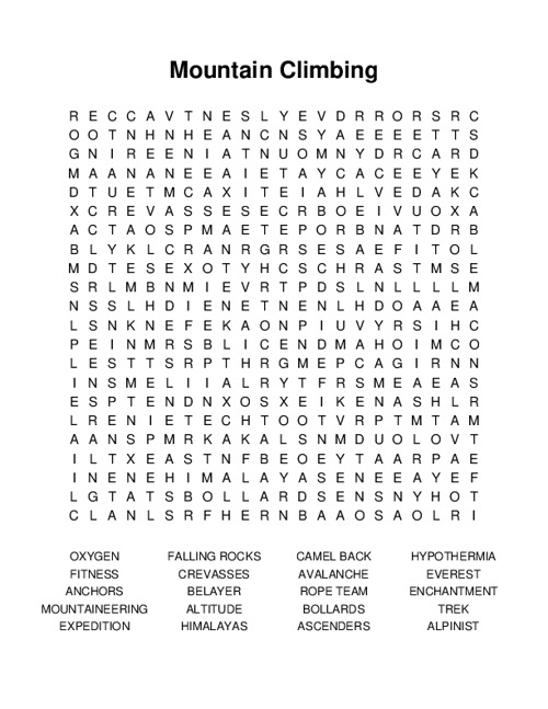 Mountain Climbing Word Search Puzzle