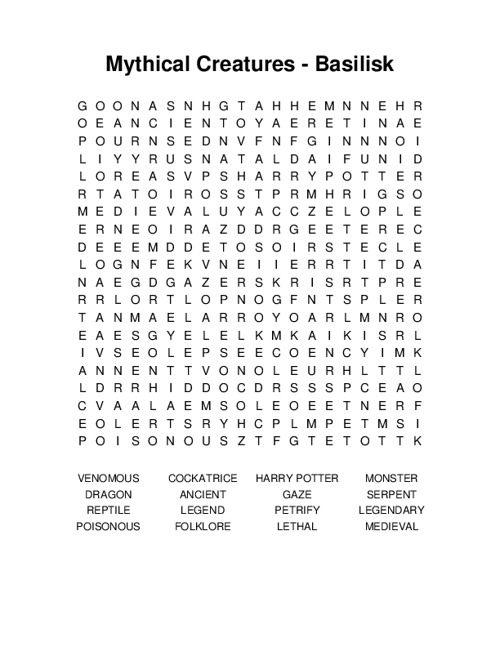 Mythical Creatures - Basilisk Word Search Puzzle