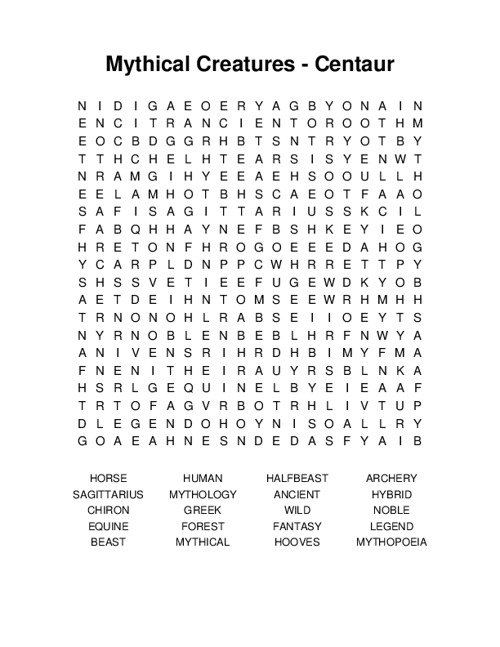 Mythical Creatures - Centaur Word Search Puzzle