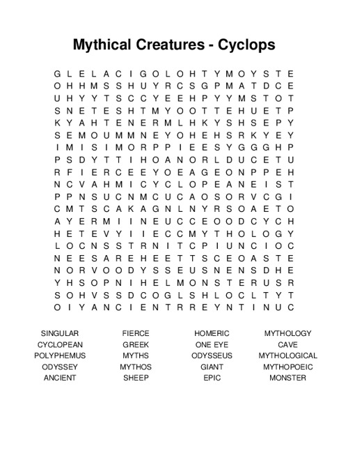 Mythical Creatures - Cyclops Word Search Puzzle