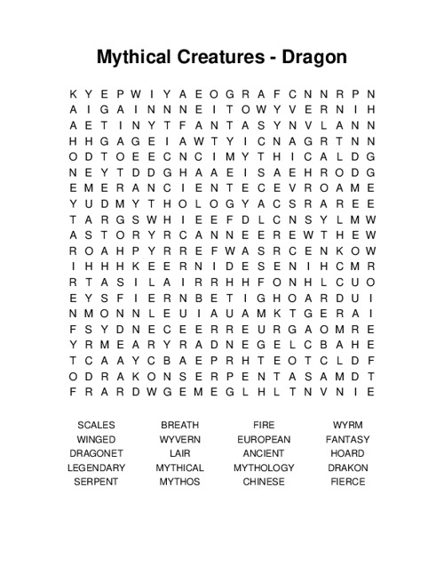 Mythical Creatures - Dragon Word Search Puzzle