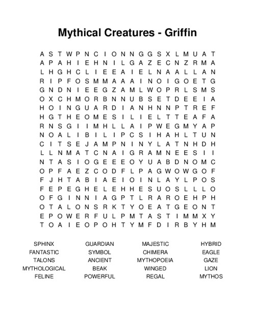 Mythical Creatures - Griffin Word Search Puzzle