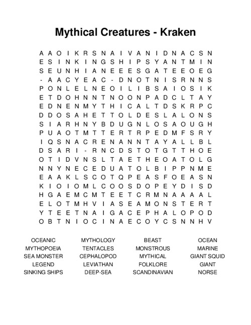 Mythical Creatures - Kraken Word Search Puzzle