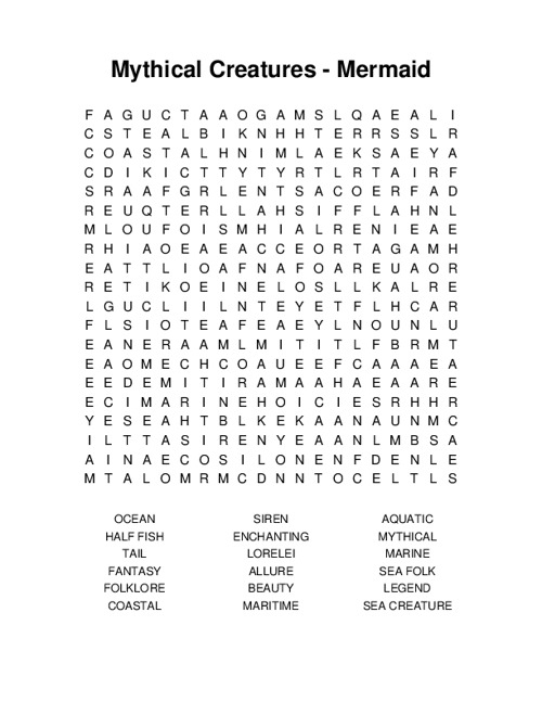 Mythical Creatures - Mermaid Word Search Puzzle