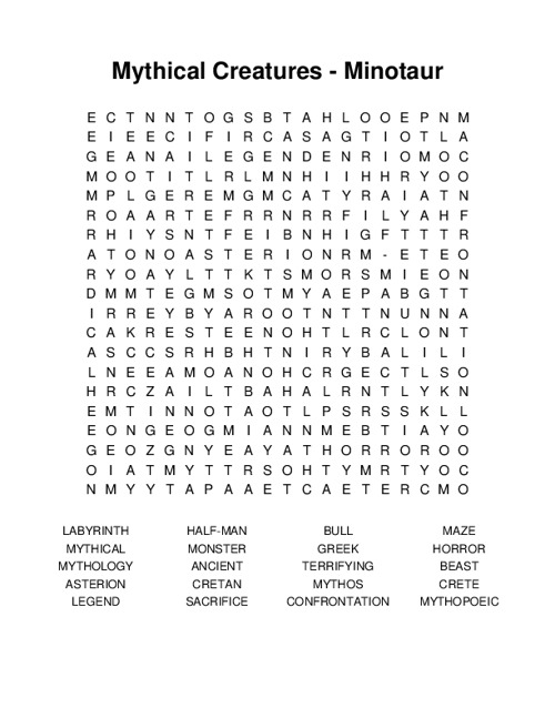 Mythical Creatures - Minotaur Word Search Puzzle