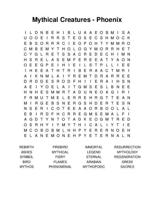 Mythical Creatures - Phoenix Word Search Puzzle
