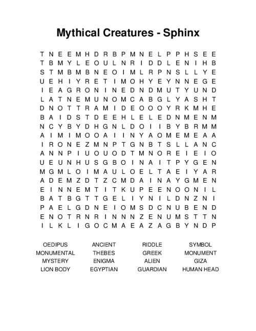 Mythical Creatures - Sphinx Word Search Puzzle
