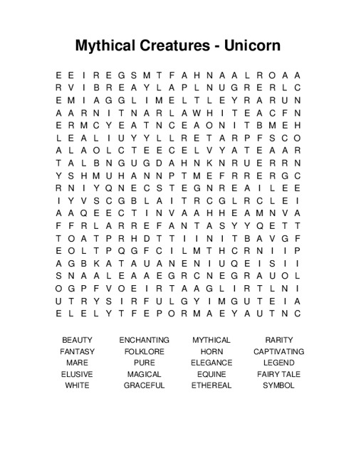 Mythical Creatures - Unicorn Word Search Puzzle