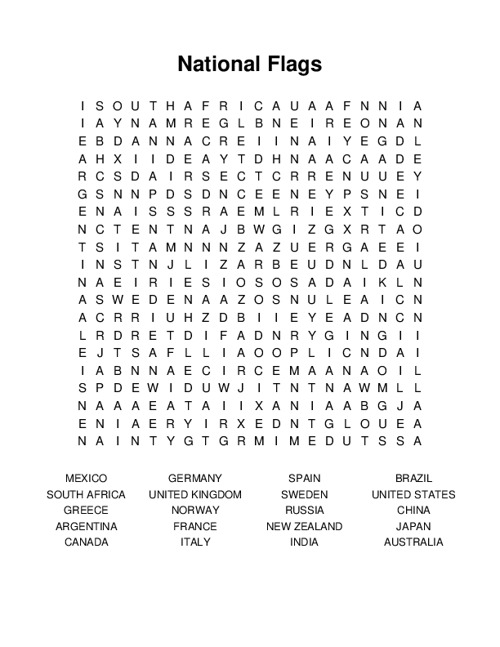 National Flags Word Search Puzzle