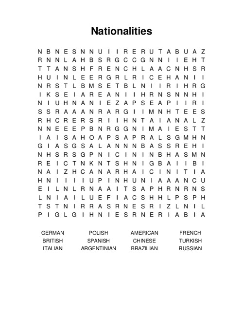 Nationalities Word Search Puzzle