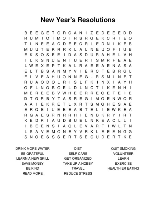 New Years Resolutions Word Search Puzzle