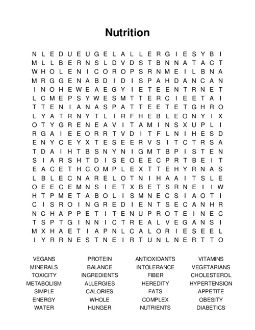 Nutrition Word Search Puzzle