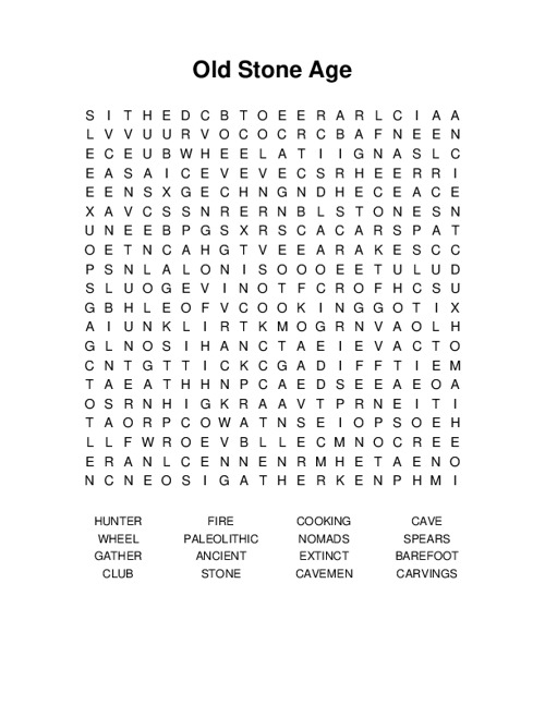 Old Stone Age Word Search Puzzle