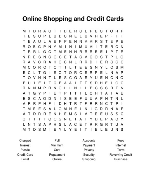 Online Shopping and Credit Cards Word Search Puzzle