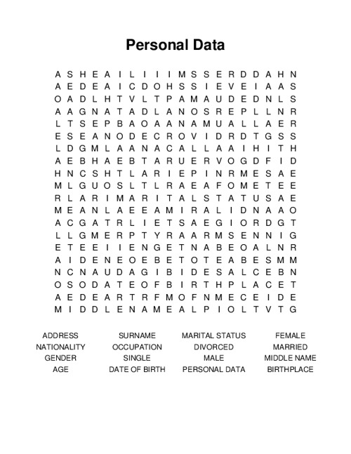 Personal Data Word Search Puzzle