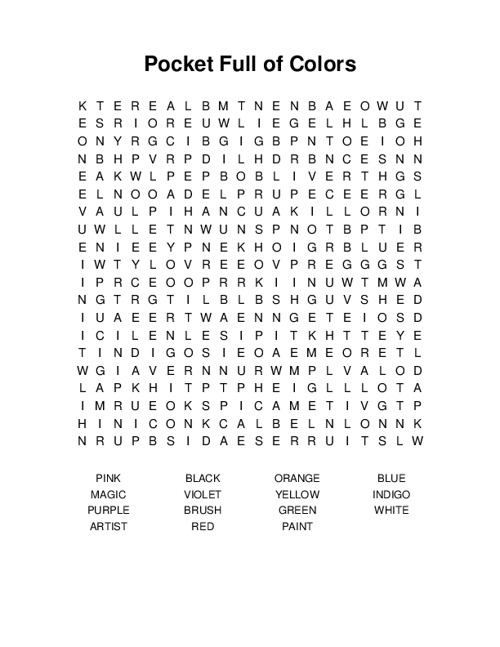 Pocket Full of Colors Word Search Puzzle