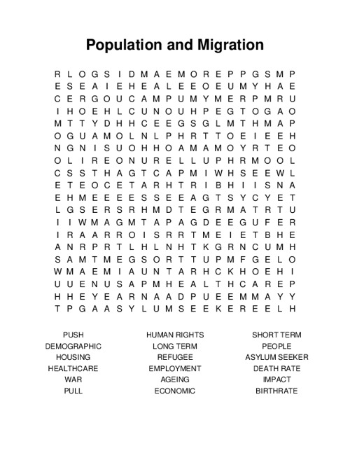 Population and Migration Word Search Puzzle