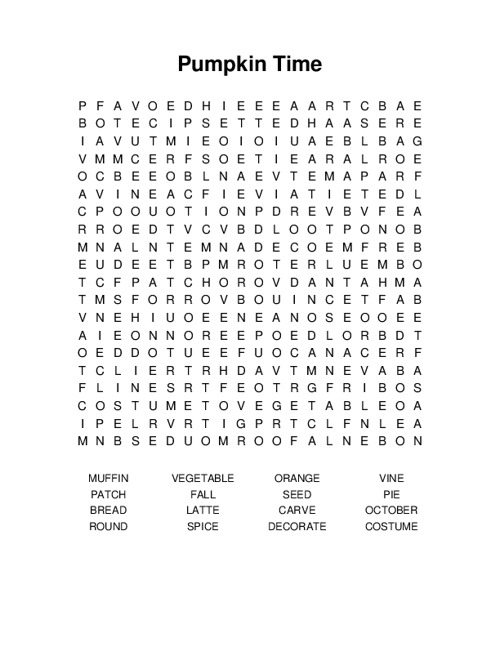 Pumpkin Time Word Search Puzzle
