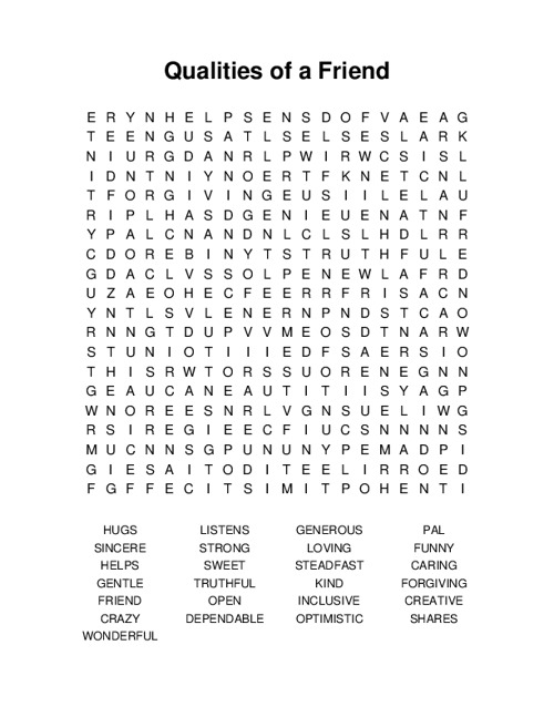 Qualities of a Friend Word Search Puzzle