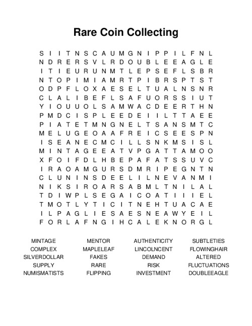 Rare Coin Collecting Word Search Puzzle
