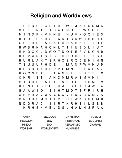 Religion and Worldviews Word Search Puzzle