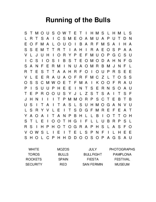 Running of the Bulls Word Search Puzzle