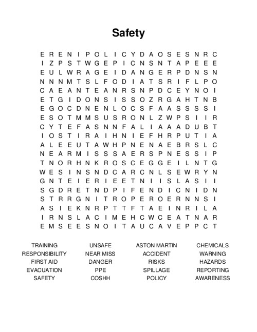 Safety Word Search Puzzle