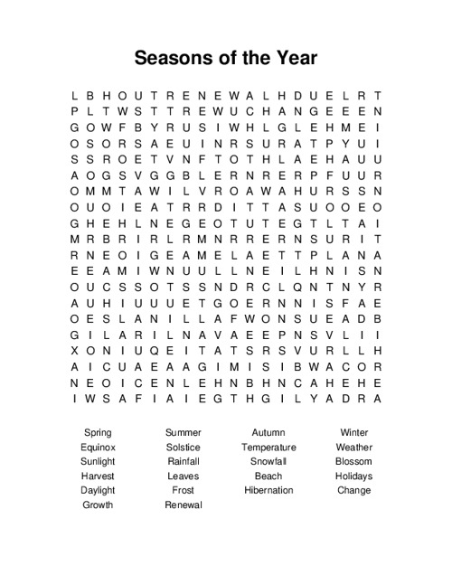 Seasons of the Year Word Search Puzzle