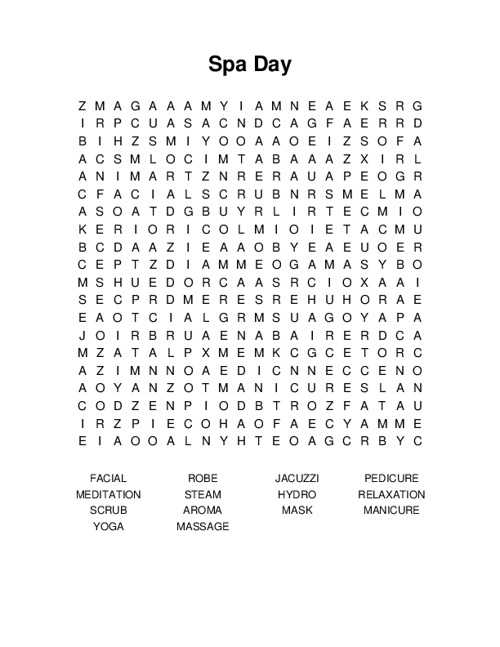 Spa Day Word Search Puzzle