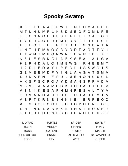 Spooky Swamp Word Search Puzzle