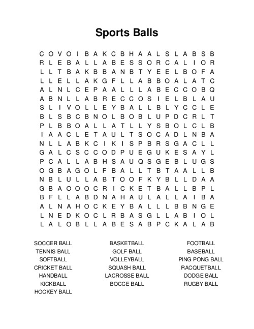 Sports Balls Word Search Puzzle