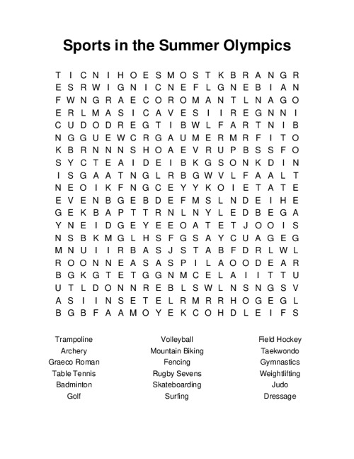 Sports in the Summer Olympics Word Search Puzzle
