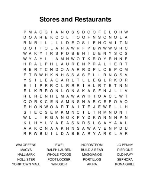 Stores and Restaurants Word Search Puzzle