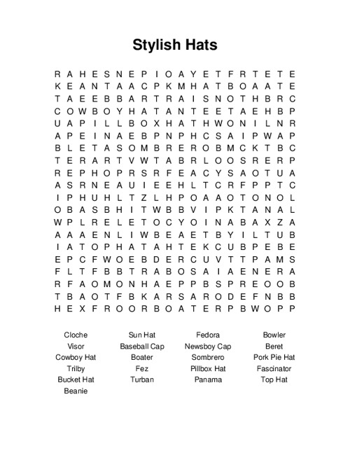 Stylish Hats Word Search Puzzle