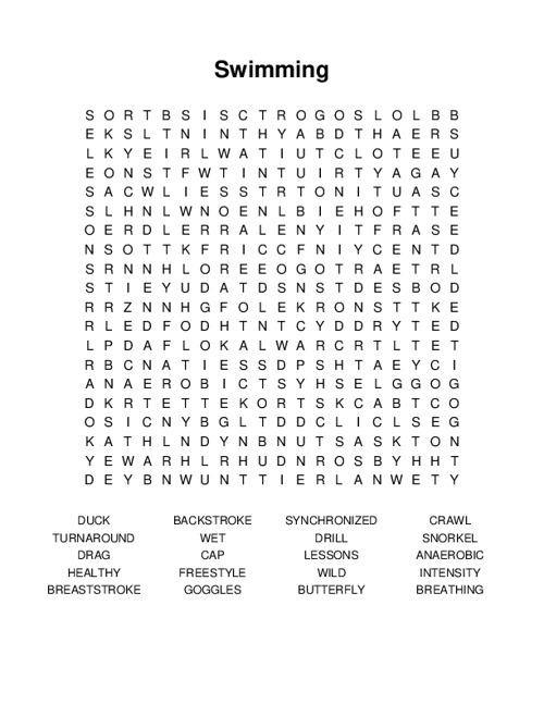 Swimming Word Search Puzzle