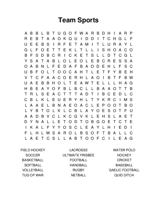 Team Sports Word Search Puzzle
