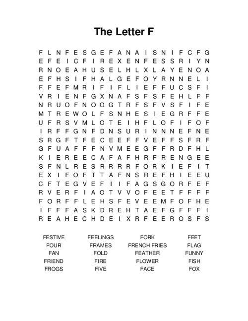 The Letter F Word Search Puzzle