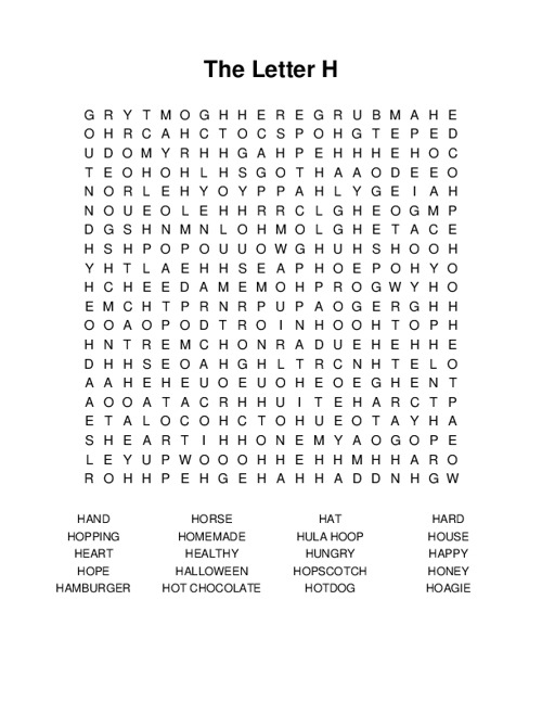 The Letter H Word Search Puzzle