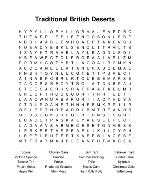 Traditional British Deserts Word Search Puzzle